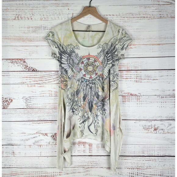 Y2K Dreamcatcher Womens Top Size L Short Sleeve Wings Feathers Made In USA - Picture 1 of 9